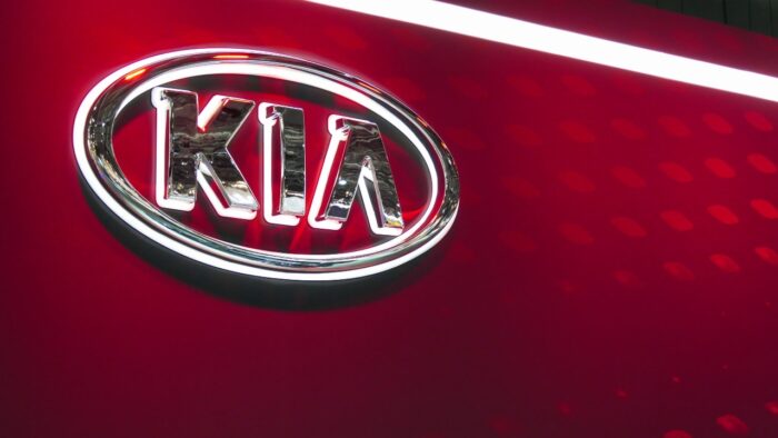 Close-up KIA logo in mims 2018 exposition.