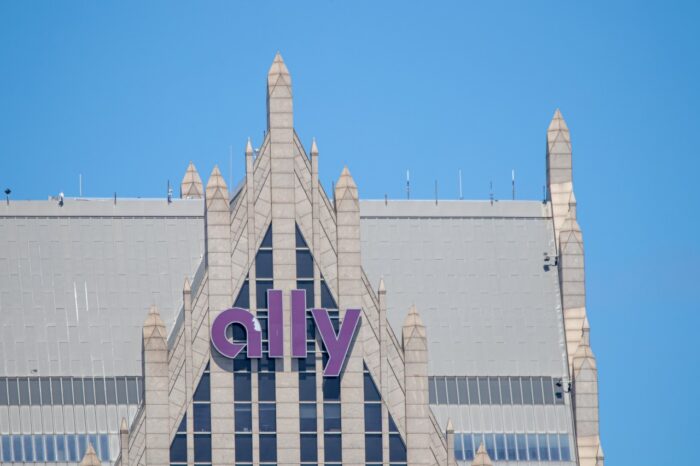 Ally, an American financial services company logo seen atop of their headquarters in downtown Detroit, Michigan.