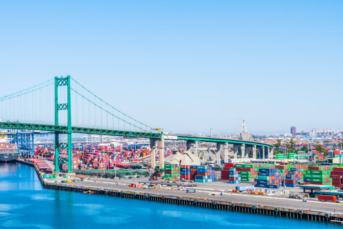 The Vincent Thomas Bridge links the Port of Los Angeles to Terminal Island in San Pedro, California. The West Coast port has been the site of numerous shipping delays, contributing to ongoing supply chain problems.