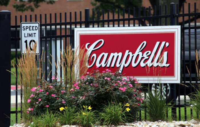A sign at the entrance to the Campbell Soup Company World Headquarters in Camden - Plum Organics