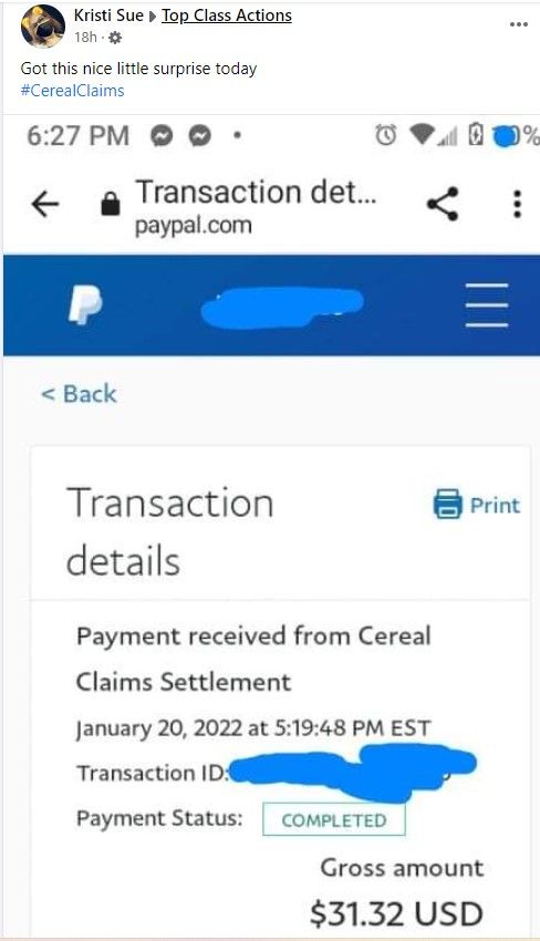 Kellogg Cereal FB 1-21-22 settlement payout