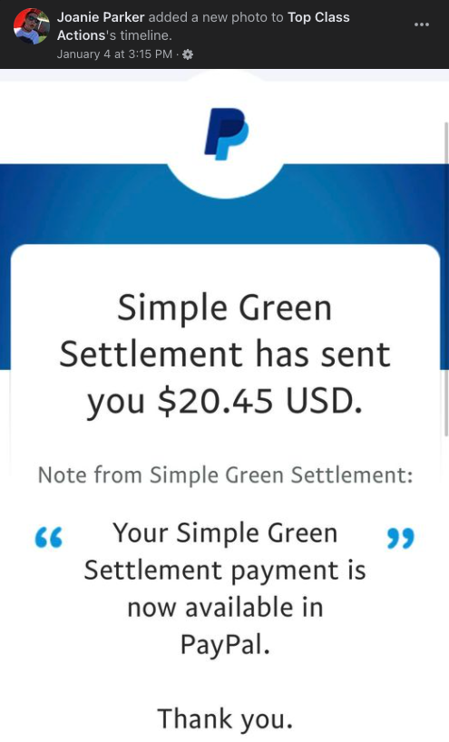 Simple Green Settlement Payment 2