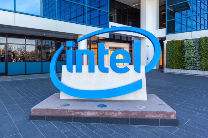 Close up of Intel sign at entrance of The Intel Museum in Silicon Valley
