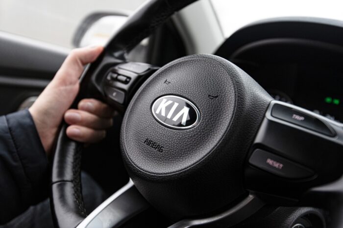 Close up of KIA steering wheel airbag.