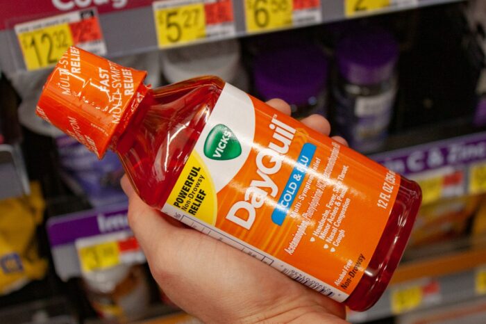 Vicks Dayquil cold and flu cough syrup in the pharmacy 