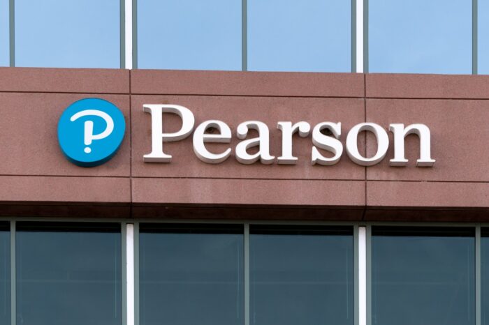 Pearson PLC office building and trademark logo
