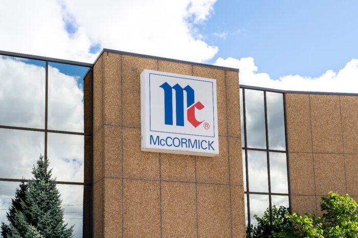 Close up of McCormick sign on the building in London