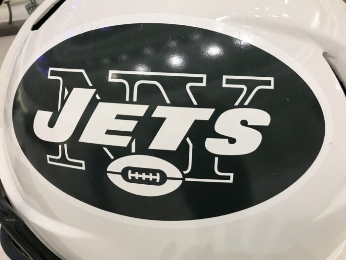 New York Jets Jumbo helmet on display.