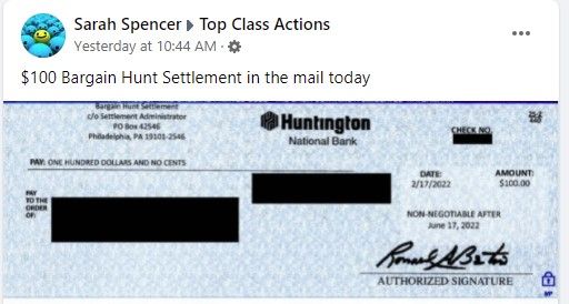 Bargain Hunt FB class action settlement checks