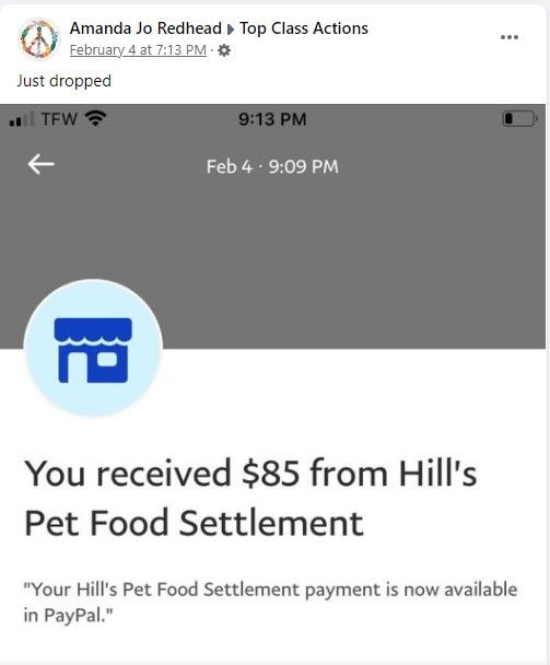 Hills Pet Food FB 2-7-21 class action settlement checks