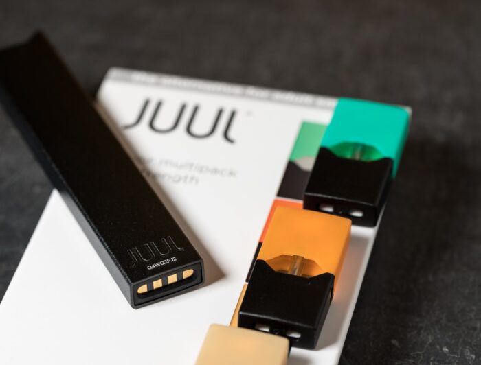 Juul e-cigarette or nicotine vapor dispenser box on