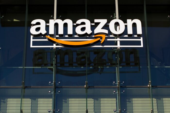 Closeup of the Amazon logo at Amazon campus in Palo Alto,