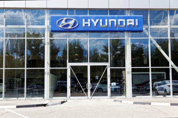Building of HYUNDAI car selling and service center with Hyundai sign.