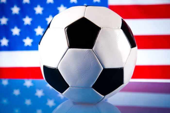 soccer ball and us flag