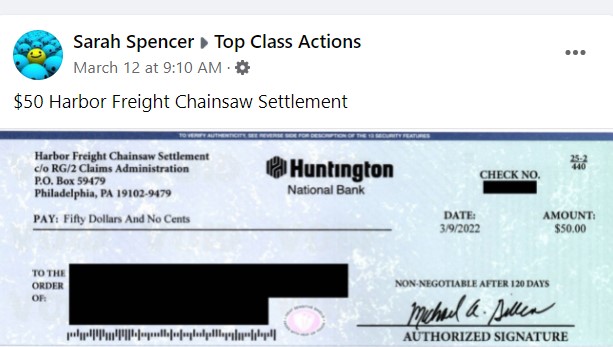 Harbor Freight Chainsaw FB 2 Checks Mailed