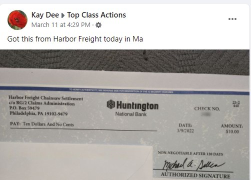 Harbor Freight Chainsaw settlement check