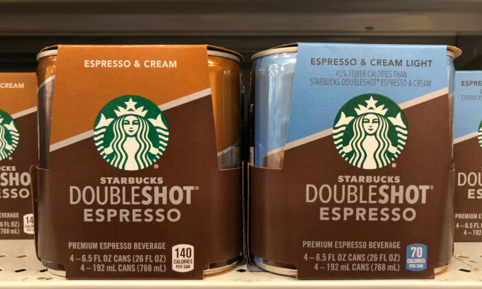 Grocery store shelf with Starbucks brand Double Shot Expresso with cream.