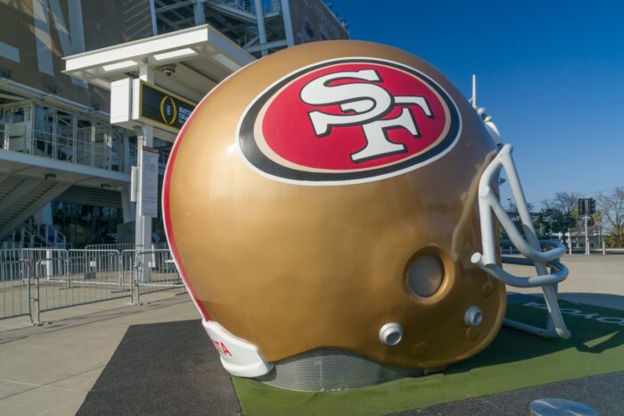 San Francisco 49ers life size helmet outside Levi's Stadium.