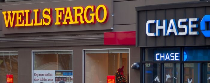 A Wells Fargo bank branch next to a branch of JP Morgan Chase