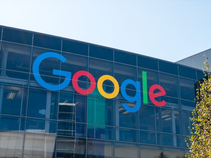 Google logo at Googleplex headquarters main office