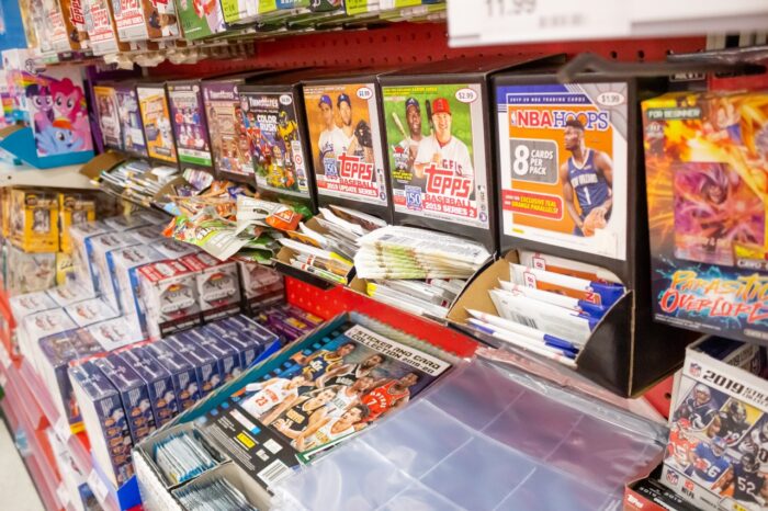 A view of a several brands of sports trading cards on display at a local department store.