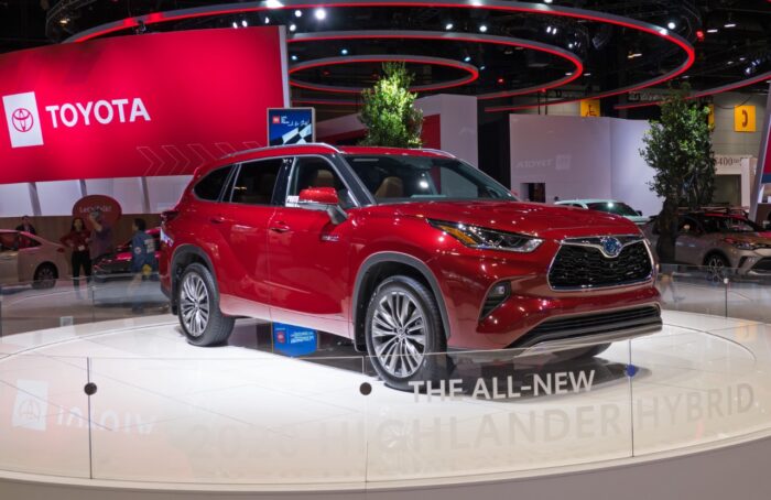2020: Prototype of a red new Toyota Highlander Hybrid