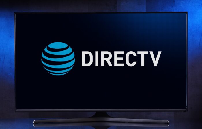 Flat-screen TV set displaying logo of DirecTV
