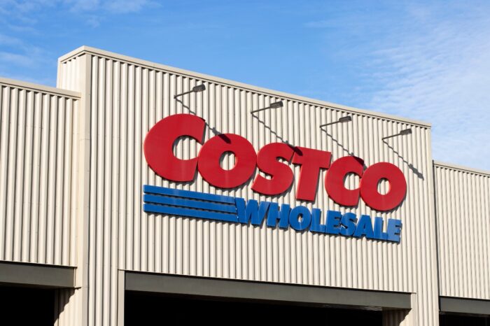 Closeup of the Costco sign seen at the entrance to its store in Hillsboro