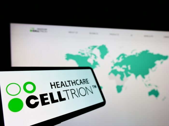 Cellphone with logo of biopharmaceutical company Celltrion Inc.