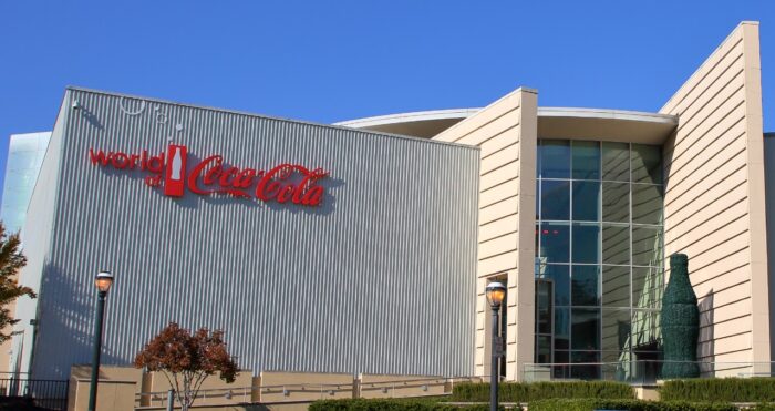 Exterior view of the World of Coca-Cola Museum which highlights the history and products of the Coca-Cola Co