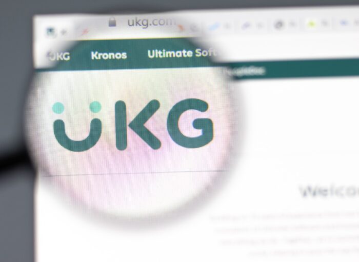 UKG, Ultimate Software and Kronos UKG website in browser with company logo, Illustrative Editorial