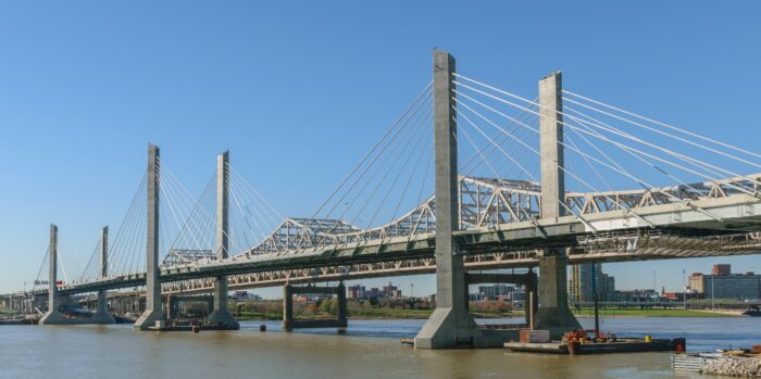 Abraham Lincoln Bridge spans the Ohio River from Louisville, Kentucky to Jeffersonville, Indiana - Riverlink toll