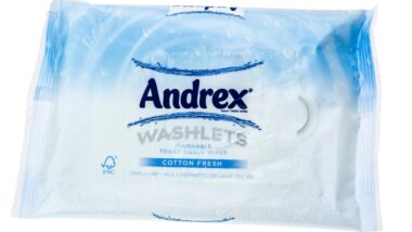 Packet of Andrex Washlets, Moist Toilet Tissue that are flushable, First introduced in 1992.