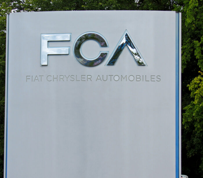A sign that reads FCA outside the corporate headquarters of Fiat Chrysler Automobiles in suburban Detroit.
