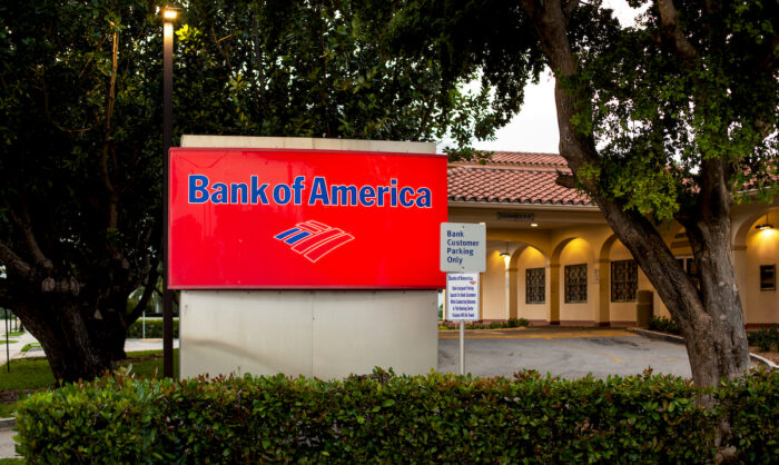 Bank of America Sign. Bank of America is a US Multinational Banking and Financial Services Corporation Headquartered in Charlotte, NC.