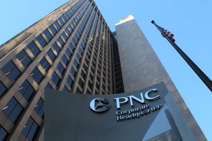 Sign at corporate headquarters of PNC Bank in October 2020 in Pittsburgh.