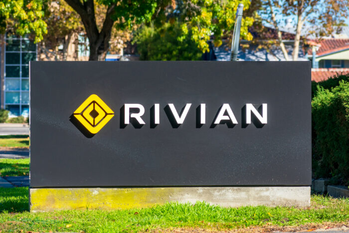 Rivian sign logo at headquarters in Silicon Valley.