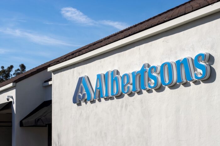 Closeup of the Albertsons sign seen at an Albertsons store in Irvine, California.