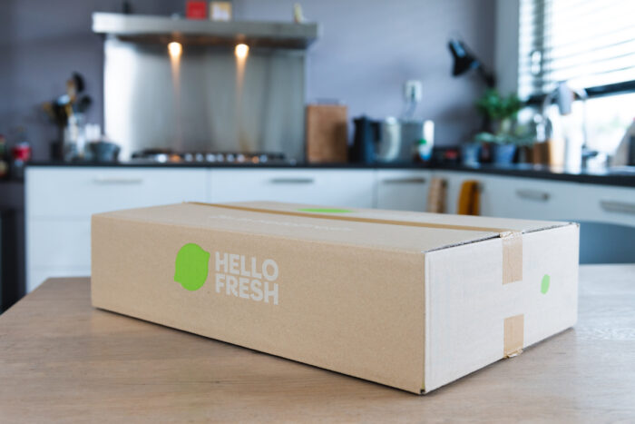 Hello Fresh, meal box on a kitchen table.
