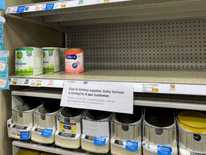 Infant baby formula product shortage. Empty Similac baby food shelves at an American grocery store supermarket - Biden - Defense Production Act