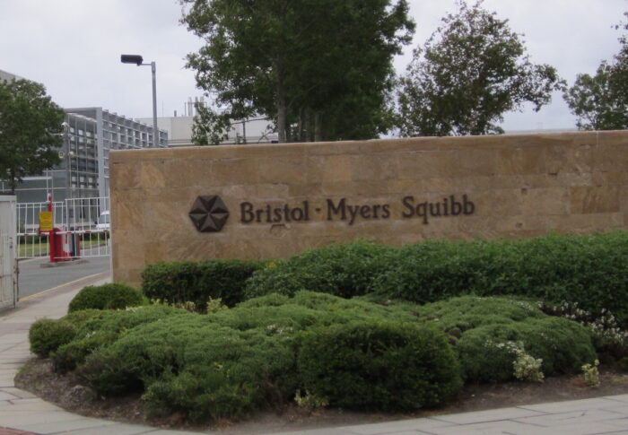 Entrance to the Bristol-Myers Squibb site in England - hiv medication, antitrust