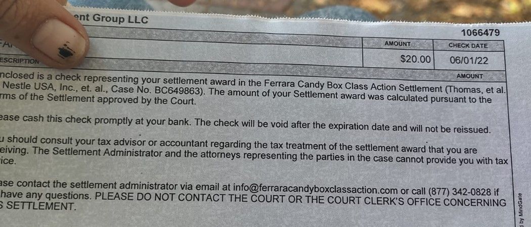 Ferrara Check pic 6-6-22 settlement payments