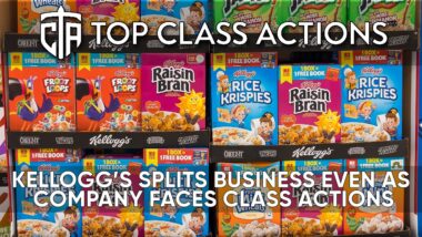 Thumbnail for video. Kellogg's cereal in grocery aisle as background. TCA logo. Title text reads: Kellogg's splits business even as company faces class actions.