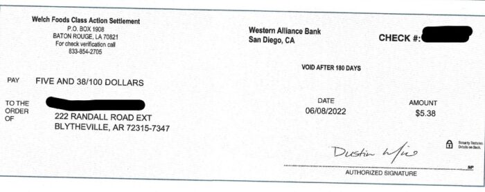 Welch's Check 6-10-22 settlement payments