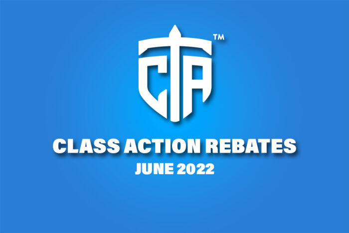 Top Class Actions logo displayed with 'class action rebates June 2022' text below.
