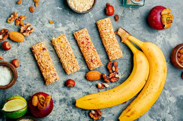 Granola energy bars with dried fruits,banana and nuts.