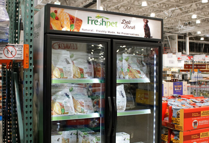 A view of a FreshPet fresh pet food refrigerator, on display at a local big box grocery store.