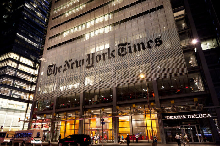 Headquarters of The New York Times in night.