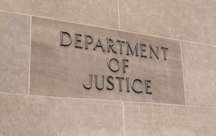 United States Department of Justice sign in Washington, DC.