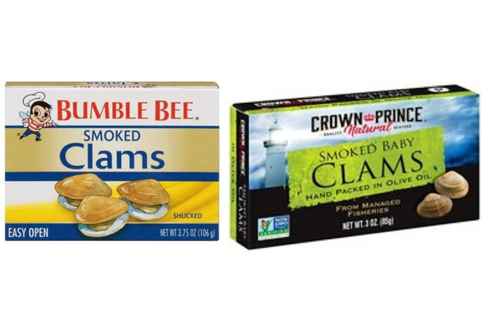 Bumble Bee and Crown Prince smoked clams packages - pfas, smoked clam recall